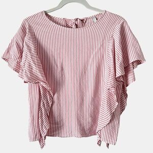 Zara Pink and White Striped Ruffle Sleeve Blouse